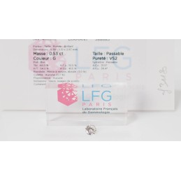 Diamant taille brillant Certifié LFG de 0,53 ct, couleur G, pureté Vs2