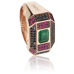 Bague Or Rose 750, Rubis, Emeraude & Diamant Noir